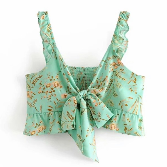 Boho Vintage Floral Print Mint Gypsy Crop Top Tank - Picture 2 of 11